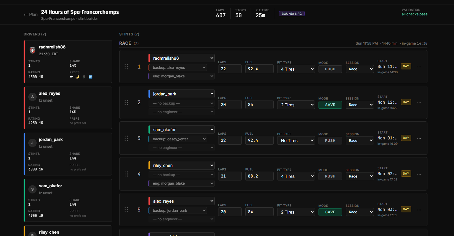 StintIQ captain stint builder showing 7 stints with drag handles, driver chips, pit-type selectors, and a sticky projection strip