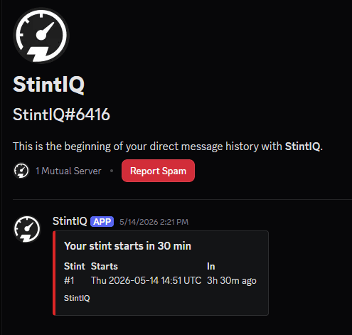 StintIQ Discord bot direct-message showing a stint reminder embed with countdown and stint details